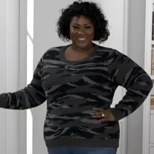 BarefootDreams 3X CozyChic Seaside Crew Camo Sweater PulloverTop Black&Gray NWT